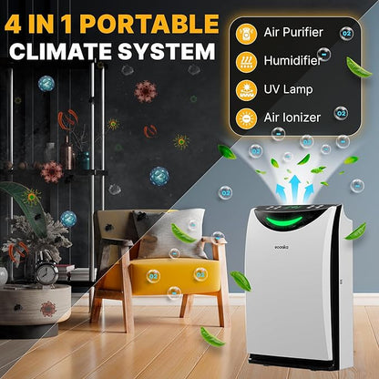 Econika Air Purifier and Humidifier Combo – HEPA Air Purifier with UV Light, Quiet for Bedroom and Living Room – Whole House Large Room Cleaner