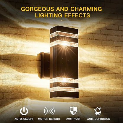 2 Pack Oil Rubbed Bronze Outdoor Wall Lights with 3-Mode Motion Sensor Up Down Porch Lights Modern Dusk Dawn Exterior Sconce Wall Mount Outside Coach Lantern for House(With 4 Dimmable Warm Bulbs)
