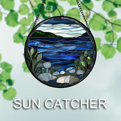 AMDERVEN Stained Glass Window Hanging 4 Pcs Set Navy Blue Ocean Landscape Large 15" - Suncatcher Door Garden Sun Catcher Decor Birthday Mother's Day for Mom Woman Nana Girl Boy Friend