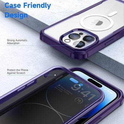 seacosmo for iPhone 14 Pro Case, Full Body Bumper with Built-in 9H Tempered Glass Privacy Screen Protector and Camera Lens Protector, Compatible with MagSafe, Shockproof Phone Case, 6.1", Purple