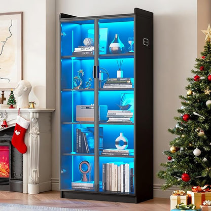 Dystler Display Cabinet with Glass Doors and Shelves, 65" Tall Curio Cabinet with LED Lights/Human Sensor, 5 Tier Display Case for Collectibles Bedroom Living Room Office, Black