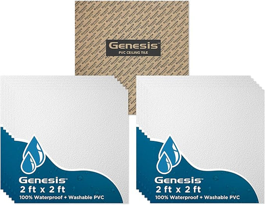 Genesis 2ft x 2ft Stucco Pro White Ceiling Tiles - Easy Drop-in Installation – Waterproof, Washable and Fire-Rated - High-Grade PVC to Prevent Breakage - Package of 12 Tiles
