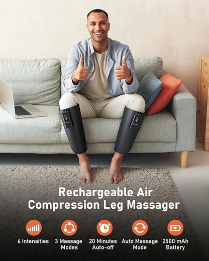 QUINEAR Rechargeable Calf Massager with Air Compression, Leg Massager for Circulation and Pain Relief, Portable Leg Massager with 6 Intensities & 3 Modes, Fast Recovery for Swelling, Relax for Gym