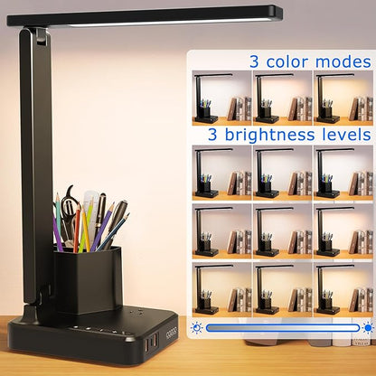 LED Desk Lamp with 3 USB Charging Ports 1 AC Outlet Small Table Lamp for Home Office/Bedroom/Study/College/Dorm Room Essentials, Foldable Reading Light w/Pen Holders for Craft/Artist/Puzzle/Nail/Task