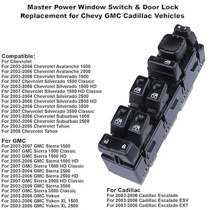 Driver Side Master Power Window Switch For Chevy Avalanche Silverado Suburban Tahoe GMC Sierra Yukon XL 1500 2500 3500 HD Classic Cadillac Escalade ESV EXT 2003 2004 2005 2006 2007 OE DWS-220 15883323