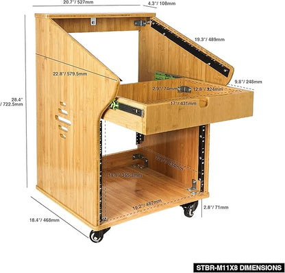 Sound Town DIY Solid Carbonized Bamboo Studio Rack with 11U Slant Mixer Top, 8U Front, 2U Drawer, Rubber Feet, Casters, for Recording Room, PA/DJ Equipment, Home-Audio (STBR-M11X8)