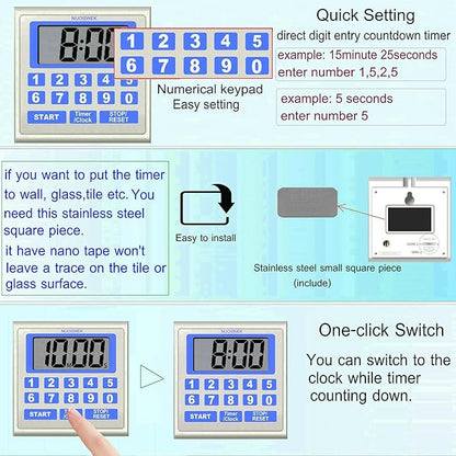 NUOSWEK Digital Timer Waterproof Shower Timer Shower Clock Direct Digit Entry Bathroom Kitchen Timer with Strong Magnet and Large LCD Display (Waterproof 13 Key)