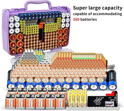 Aptbyte Battery Organizer Storage Holder Box Case with Tester- 269 Batteries Double-Sided Variety Pack, Holds AA AAA 4A C D Cell 9V 3V Lithium LR44 CR2 CR123 CR1632 18650 Button- Purple (Box Only)