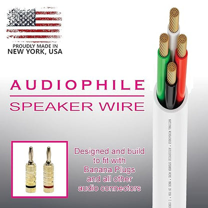 NATIONAL Wire&Cable - 16/4 Audiophile Speaker Wire (25 Feet) 16AWG Gauge - Made in USA - in Wall Audio Speaker Wire Cable/CL Rated/ETL Listed / 2 Conductors - OFC Oxygen-Free Copper, White 25ft
