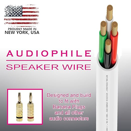 NATIONAL Wire&Cable - 16/4 Audiophile Speaker Wire (200 Feet) 16AWG Gauge - Made in USA - in Wall Audio Speaker Wire Cable/CL Rated/ETL Listed / 2 Conductors - OFC Oxygen-Free Copper, White 200ft