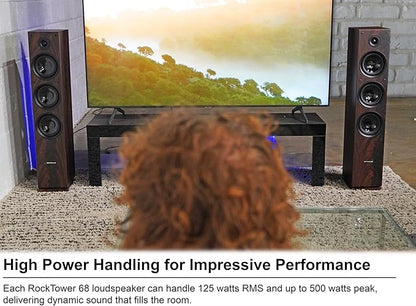 Rockville RockTower 68D 400W Passive Tower Speaker 8 Ohm, Deep Bass, High-Fidelity Sound, Sleek Dark Wood Design, for Home Audio Enthusiasts