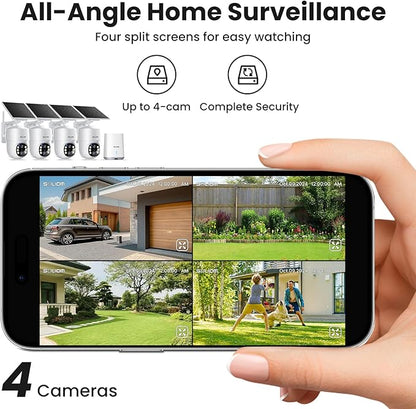 SOLIOM- 5MP Security Cameras Wireless Outdoor, No Subscription,4-Cam Pack, Solar Powered Home Security Camera with 360° Auto Tracking, Pan & Tilt, 3K Color Night Vision,5G & 2.4G Router Compatible