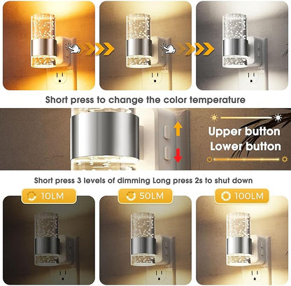 L LOHAS LED Night Lights Plug into Wall 2 Pack, Dimmable Night Light with Dusk-to-Dawn Sensor, Soft White/Cool White/Amber 3 Color Light, Adjustable Brightness, Rotatable Plug, Bubble Nightlight