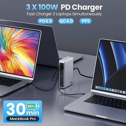 730W USB C Charger Block,10-Ports GaN V Fast Charging Station Hub,QC4.0+3 PD 100W Laptop Charger Wall Power Adapter for MacBook Pro/Air,DELL,iPhone 17/16/15/14,iPad,Galaxy S25,Pixel,Steam Desk-Silver