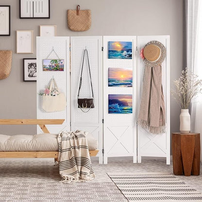 Wnutrees 4 Panel Pegboard Display, 5 Ft Wood Folding Privacy Screens Room Divider, Portable Freestanding Display Board for Craft/Art Shows, Retail, Events, Wall Organizer, Rustic Barnwood, White