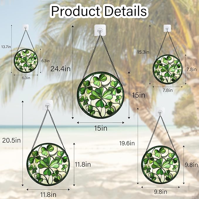 CRISGIF Stained Glass Window Hanging - Ireland Green Lucky Clover Suncatcher for Doors Garden St. Patrick's Day Sun Catchers Decor Mother's Day Birthday for Women Men Mom Nana 9.8 in