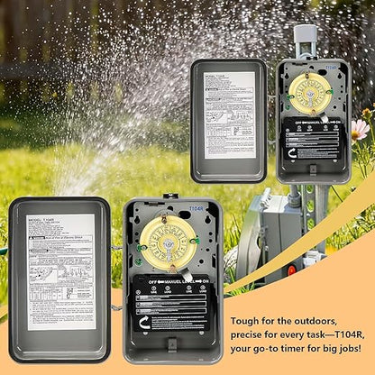 T104R 24-Hour Mechanical Time Switch, 208-277V, 40A, DPST, NEMA 3R Outdoor Steel Enclosure, Gray – Heavy Duty Timer for Pool Pumps, Heaters, and Industrial Motors