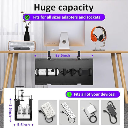 Cotohim Under Desk Cable Management Tray - Under Desk Cord Management - Clamp/Screw Mount - Fabric Wire Management - Cable Raceways Tray Cord Hiders for Office/Home (Black, 28.6"×5.6")