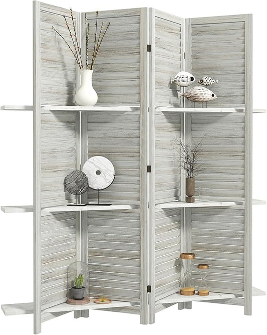 HOMCOM Room Divider, 4 Panel 67" Tall Wood Privacy Screen with 3 Display Shelves, and Folding Storage for Bedroom or Home Office, Distressed White