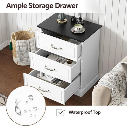 Nightstand with 3 Large Drawers,24" Wide End Table with Metal Handles,Rustic Farmhouse Wood Small Dresser,Bedside Table,Modern Chest of Drawers for Bedroom,Living Room,White