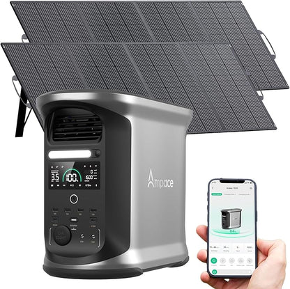 AMPACE Andes 1500 Portable Power Station with 2X200W Solar Panels 2400W(Surge 3600W), 1462Wh Solar Generator, LiFePO4 Battery, APP Control, Emergency Power for Home Backup, Camping, RV, Emergency