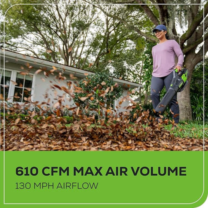Greenworks 60V (610 CFM / 130 MPH) Cordless Leaf Blower, High Power, Lightweight & Quiet Operation for Wet Leaves, Driveways and Dense Gravel, Includes 2.5Ah Battery & 5A Rapid Charger