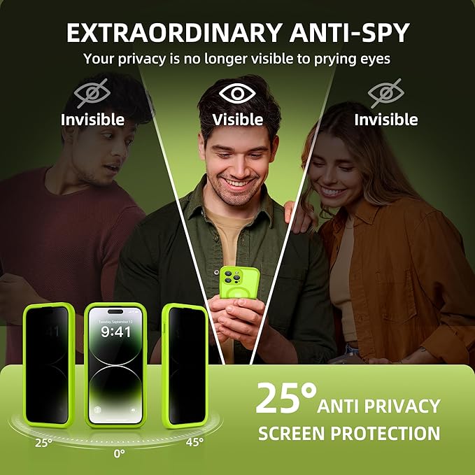 BERFY Magnetic for iPhone 14 Pro Max Case,Compatible with MagSafe,Built-in Privacy Screen Protector and Upgraded Camera Protection,Anti-Spy Full Body Shockproof Phone Case for 14 Pro Max, Bright Green