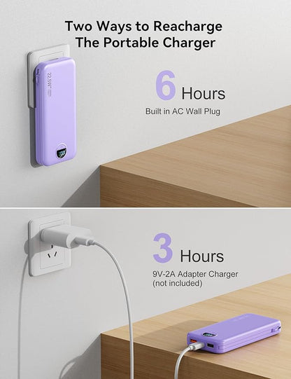 Ultra-Portable-Charger-Power-Bank with Built in Cables&AC Wall Plug,12000mAh PD20W USB-C Fast Charging Cell Phone Charger Battery Pack,LED Display Travel Battery Bank for All iPhone,Samsung,Android