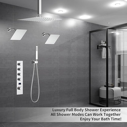 KATAIS Polished Chrome Shower System with 12 inch Ceiling Mounted Shower Head and Dual 8 inch Wall Mounted Shower Head, Digital Display Shower Faucet Set with Handheld Spray