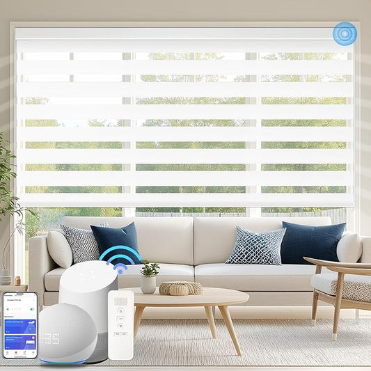 COOLWINDS Motorized Zebra Blinds for Windows Cordless Electric Curtains with Remote Control Blackout Shades Custom Smart Blinds Compatible with Alexa Google Home(Blackout White,W47 X 72in)