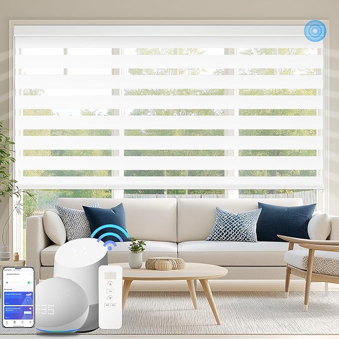 COOLWINDS Motorized Zebra Blinds for Windows Cordless Electric Curtains with Remote Control Blackout Shades Custom Smart Blinds Compatible with Alexa Google Home(Blackout White,W46 X 72in)
