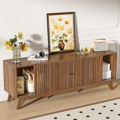 Oubayajia Mid Century Modern TV Stand for Televisions up to 70 Inches, with Sliding Doors and Storage, Curved Edge Television Stands, TV Consoles, Media Consoles for Living Room (Walnut, 63inch)