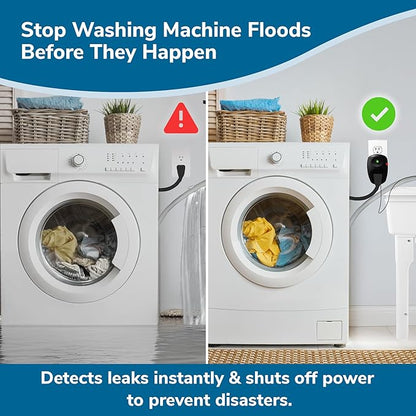 WasherWatcher Laundry Tub Overflow Protector - Water Leak Shut Off Detectors w/ LED Indicator, Alarm, Water Sensor, & More - Easy to Install Washing Machine Leak Detector for Any Drain System