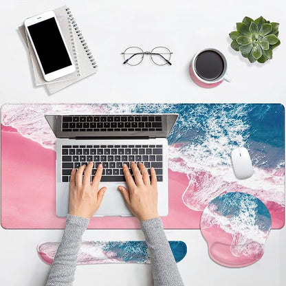 Britimes Blue Sea Keyboard Mouse Pad Set Pink Sand Beach 4in1 Large Mousepad+Keyboard Wrist Rest+Mouse Wrist Rest+Coaster Set with Ergonomic Design for Home Office Computer 35.4x15.7 inches