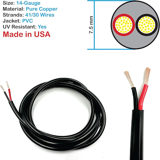 NATIONAL Wire & Cable – 14 AWG 2-Conductor Premium Copper Wire, 25 ft, Stranded | Made in USA, Heavy-Duty Flexible Jacket | Automotive, Low Voltage, LED, Lights, DIY, Indoor and Outdoor Use