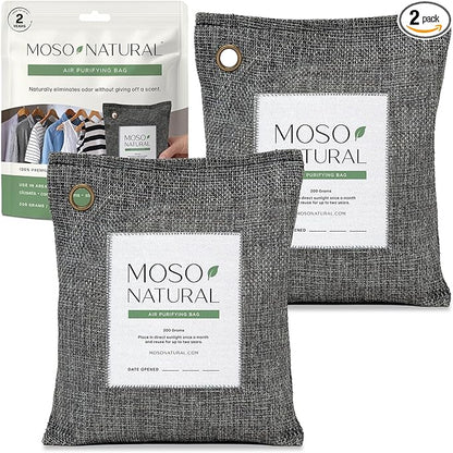 Moso Natural Air Purifying Bag 200g (2 Pack) HGTV Editor's Pick | Premium Bamboo Charcoal Odor Absorber for Home & Car | Closet Odor Eliminator & Car Air Freshener | Long Lasting Charcoal Bags
