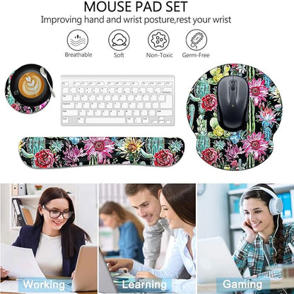 Keyboard Wrist Rest and Mouse Pad Wrist Support Set with Coasters,Non-Slip PU Base Ergonomic Gaming Mousepad for Home Office Working Studying Easy Typing & Pain Relief,Cactus