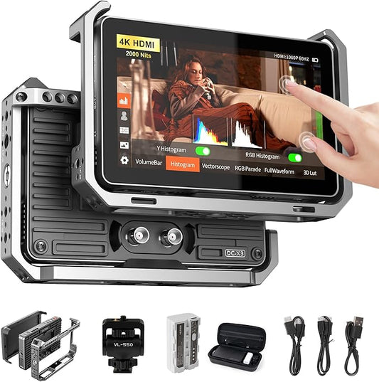 VILTROX DC-X3 2000 Nits SDI Camera Field Monitor Kit with Rig Cage, 4K HDMI 6" Touchscreen On Camera Video Monitor w Sunshade Hood/Battery, 3D Lut 1920X1080 HD Full Waveform Focus Peaking VectorScope