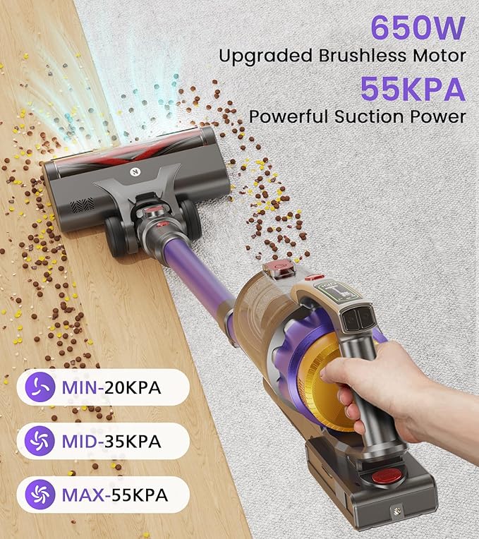 NADALY Cordless Vacuum Cleaner, 650W 55KPA 70Mins Vacuum Cleaners for Home, Anti-Tangle, Self-Standing Stick Vacuum Cordless Rechargeable, Lightweight Vacuum for Hardwood Floors/Pet Hair/Carpet
