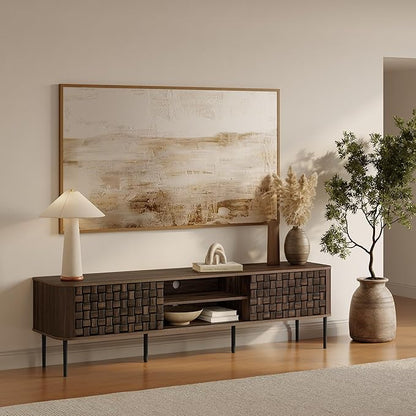 LuxenHome TV Stand for Living Room up to 80'' TVs, 71" Mid Century Modern Dark Oak Finish Wood with Basket Weave Design Entertainment Center with Storage, Media Console TV Console Cabinet for Entryway
