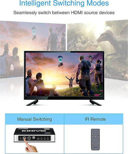 Kinivo HDMI Switch with Audio Extractor 360BNT (3 in one out, Toslink Optical Audio Port, SPDIF, 4K 60Hz, High Speed 18Gbps, IR Remote) - Compatible with Roku, PS5, Xbox, Apple TV, Dolby Digital/Atmos