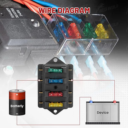 RED WOLF 4 Way Blade Fuse Block Box Holder w/Standard Circuit 10V-32V DC for Automotive Truck Boat Marine RV Van Vehicle Power Distribution Panel Damp-Proof Cover