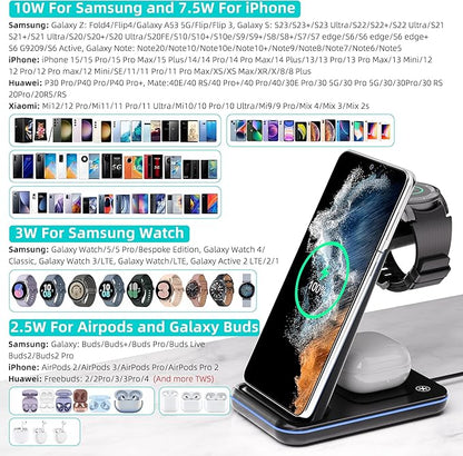 Wireless Charger for Samsung, 3 in 1 Fast Charging Station for Samsung Galaxy S23/S22/S21/S20/S10/Note 20/10, Wireless Charging Stand for Galaxy Watch5/Pro/4/Active 2/1, Buds/Buds+/Pro/Live/Buds2