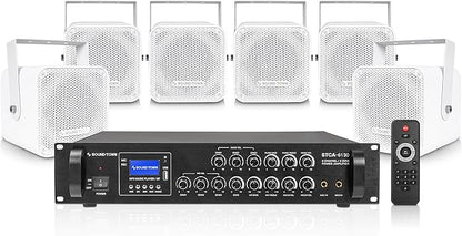 Sound Town Commercial Sound System Set with 3-Zone Low-Impedance Bluetooth Amplifier, 6 x 5 Coaxial Wall-Mount Speakers for Indoor Installation, White (STCA6130X6CM5W)