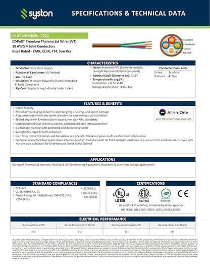 Syston 18/4 Thermostat Doorbell HVAC Heating Control Cable Wire, 18 AWG 4 Conductors 100% Solid Copper Conductors CL3R/FT4/CMR Riser-Rated, UV Resistant RoHS for Low Voltage Applications Use