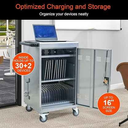 Aokleo Laptop Charging Cart,32 Devices Tablet Storage Carts for Pad Up to 16.3" Screen Size, Classroom Computer Mobile Charging Station for Pads,Chromebooks,Laptops,Security Storage (30+2 Bay-Silver)