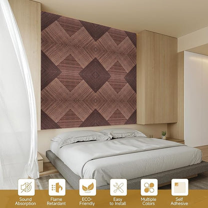 Autorific Acoustic Wall Panels,6 Pack Total Size 72 x 48 Inches,Self-Adhesive Decorative Acoustic Panels for Wall and ceiling,3D UV Printing with Wood Look,Red Sandalwood