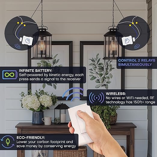 RunLessWire 2 Fixture Battery-Free DIY Kinetic Wireless Light Switch Kit 150ft RF Range for Different Fixtures or Outlets: 1 Remote Switch Controls 2 5A On/Off Receivers Simultaneously – Gray