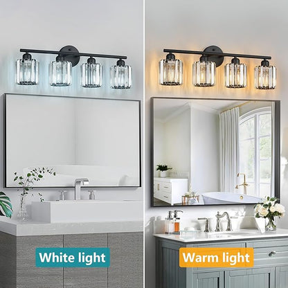 FDPBY Modern 4 Light Crystal Vanity Light, Black Vertical Bathroom Light Fixture Over Mirror for Dressing Table Sink, Compatible with Dimmable Bulbs (Bulbs Not Included)