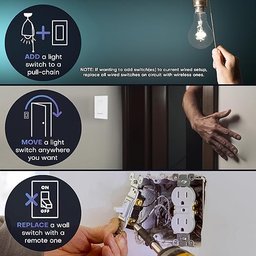 RunLessWire 3-Way Battery-Free DIY Wireless Light Switch Kit 150ft RF Range Self-Powered by Kinetic Energy for Hallways & Stairways: 2 Remote Switches Control 1 5A On/Off Receiver – Gray
